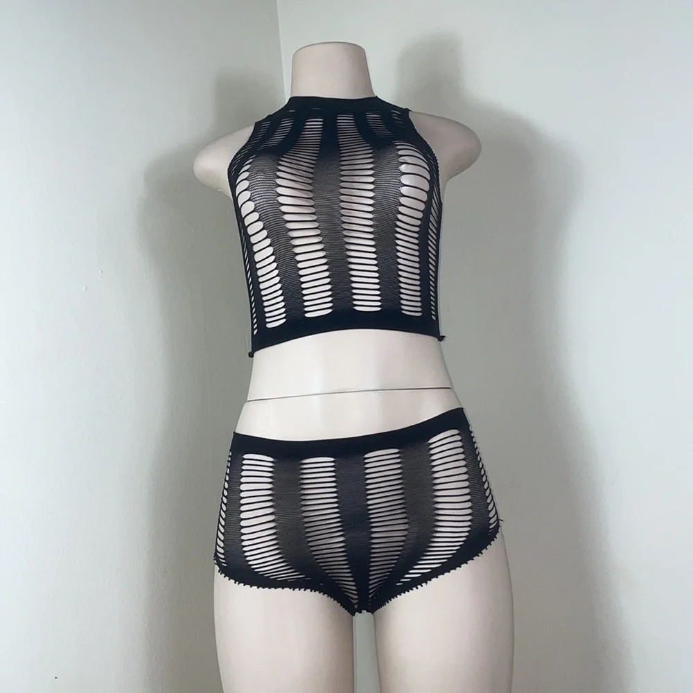 Sexy Black Stretchy Mesh Fishnet Cutout High Waist